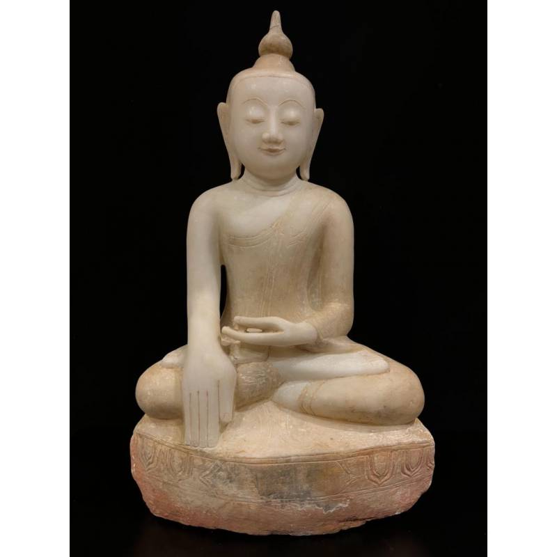 A beautiful marble seated Buddha in Bhumisparsha mudra- calling the earth to witness- 7605