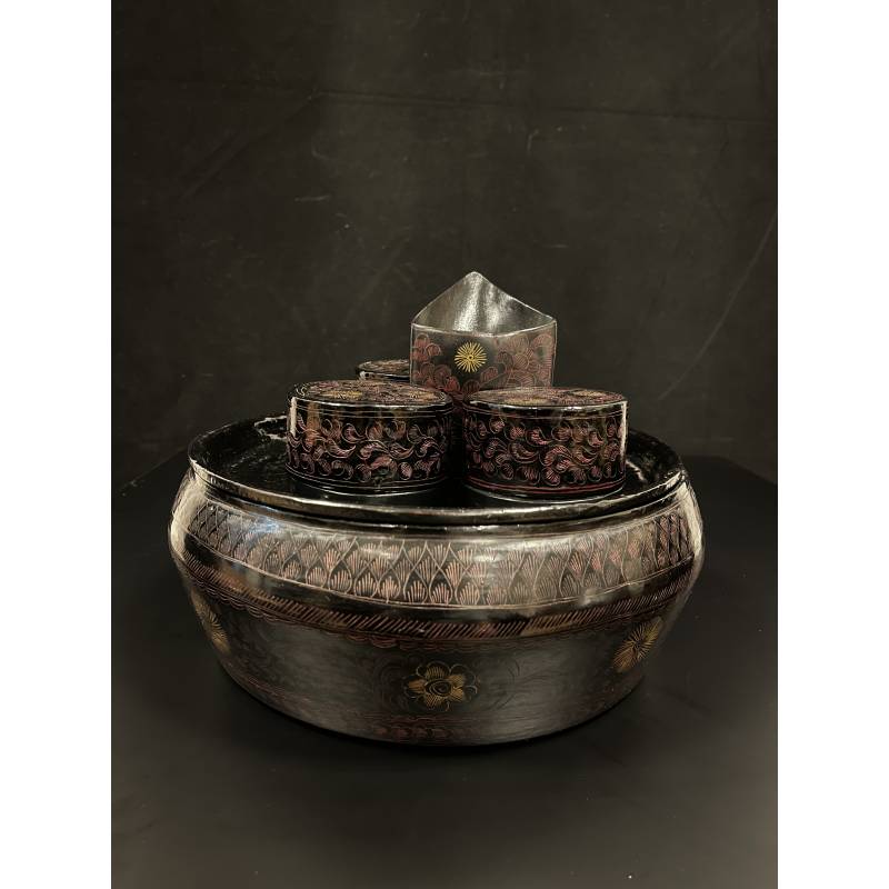 Set of 6 black lacquer bamboo betel nut, betel leaves boxes- Lac2277