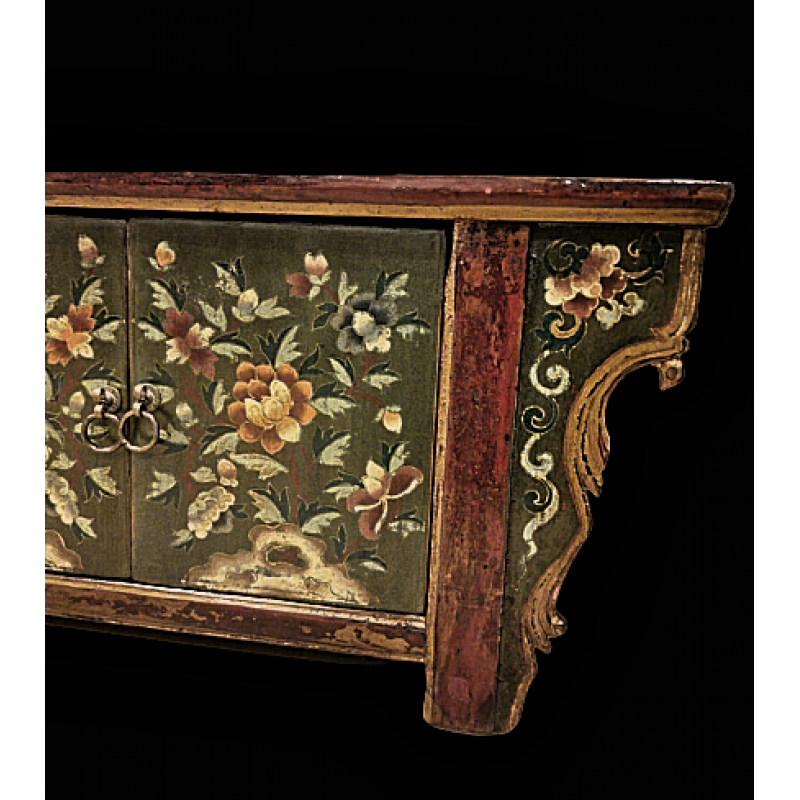 Painted floral motifs on pine wood - 4 doors Tibetan Console cabinet-Ms15804