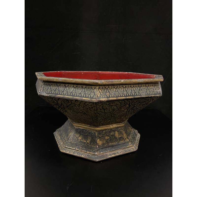 Lacquerware - Temple offerring bowl with painted Apsara and base of animals zodiac-horoscope- Ms16774