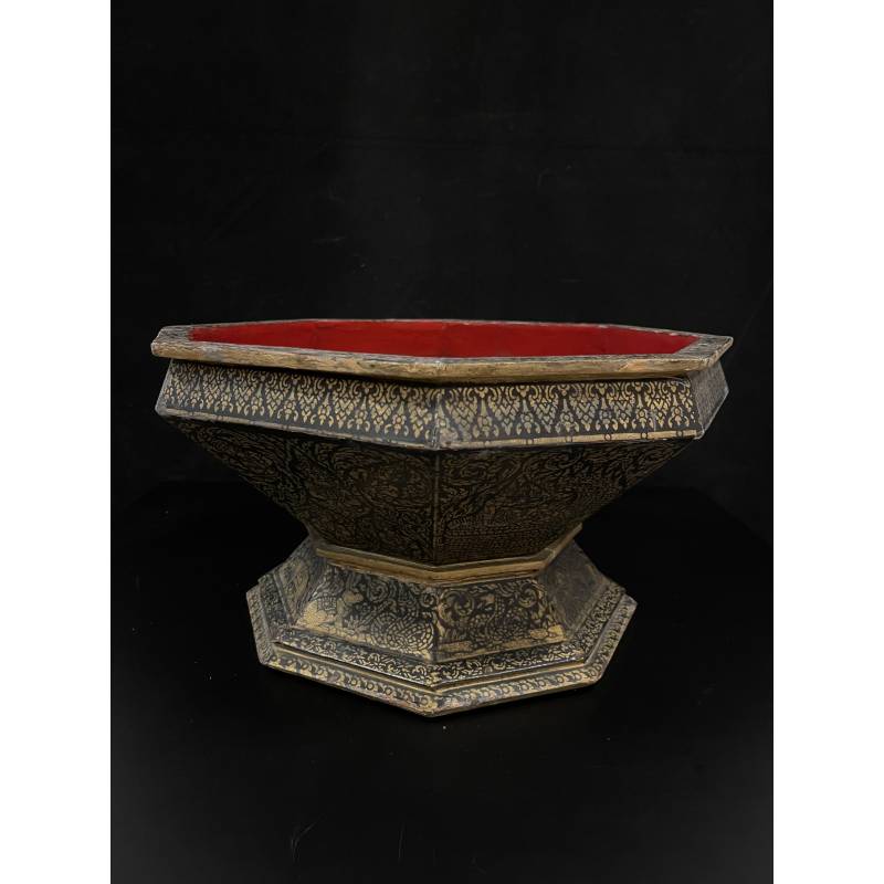 Lacquerware - Temple offerring bowl with painted Apsara and base of animals zodiac-horoscope- Ms16774