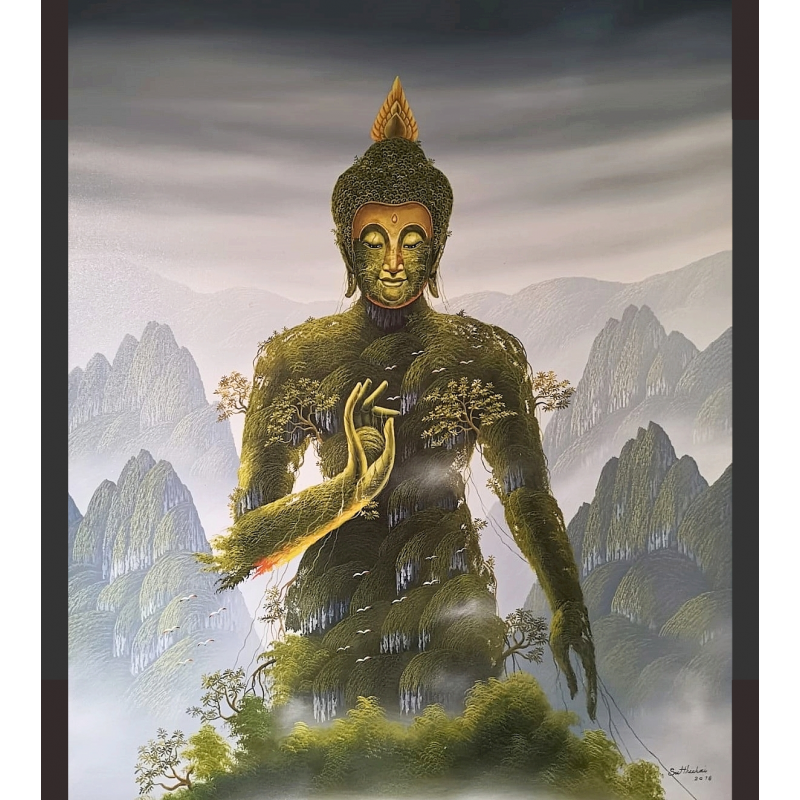 Teaching Buddha blended with nature with wooden frame- Ms16838