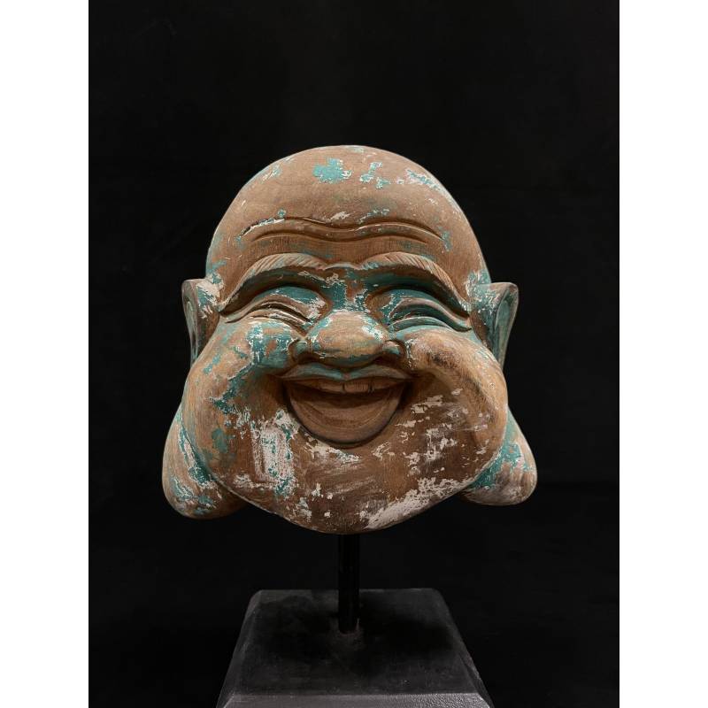 Polychrome wooden happy Buddha head with geen painted- Ms16139