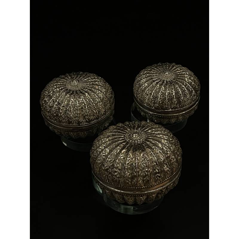 Set of old siver lime and tobaco boxes in pumpkin shape- 6547