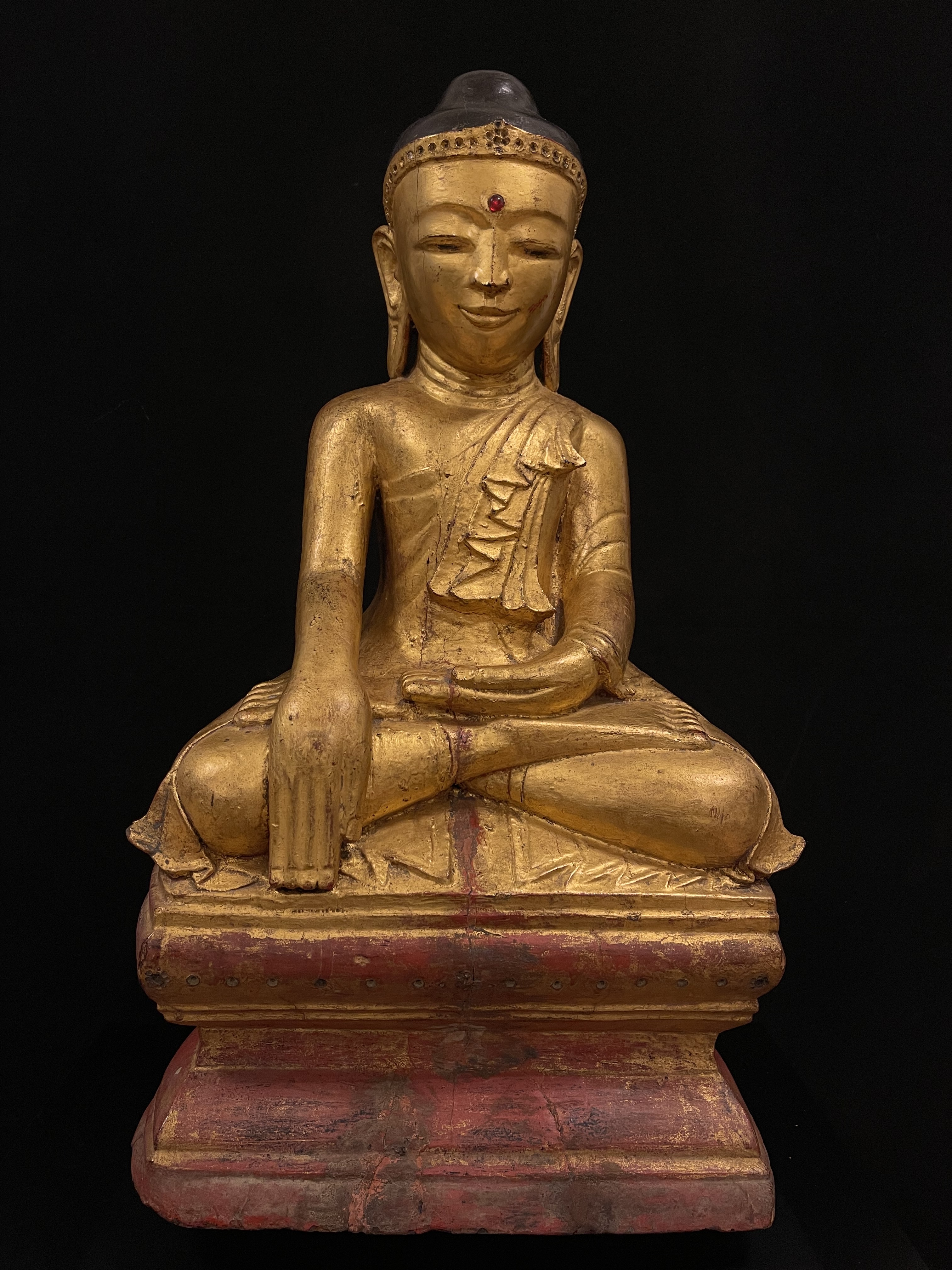 Gilded lacquer wood seated Buddha in Bhumisparsh Mudra- 5352