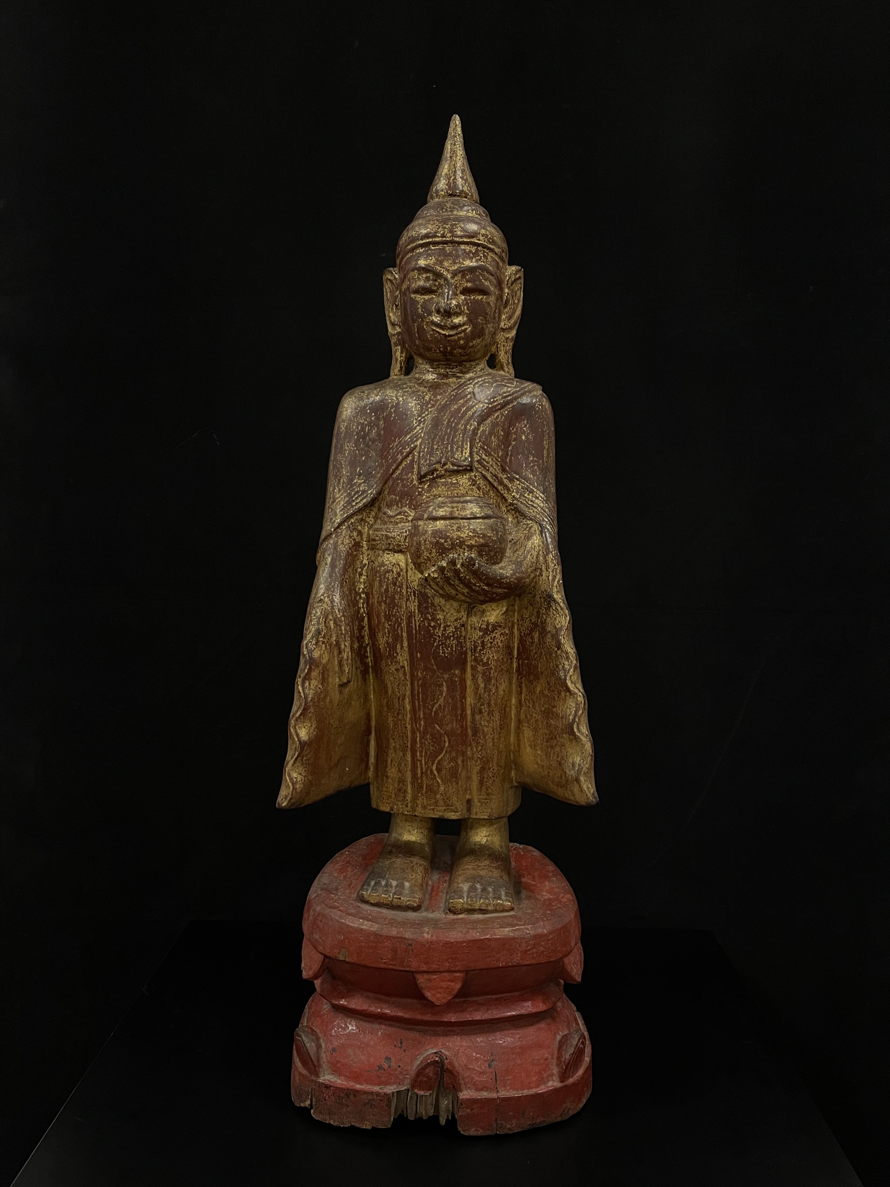 Gilded lacquer teakwood standing Buddha holding an alm bowl- Wednesday Buddha- 5704