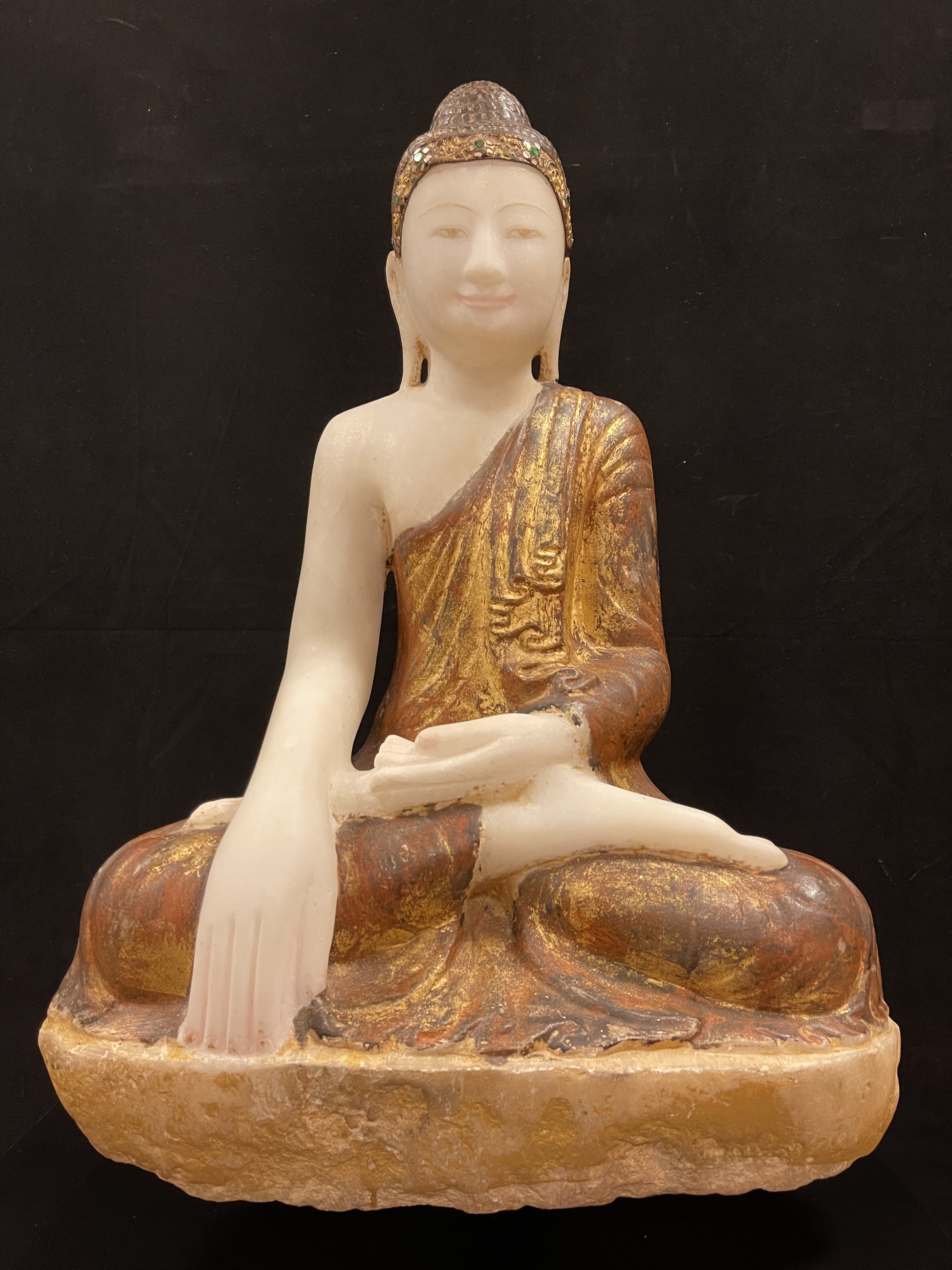 Gilded lacquer marble with glass inlay seated Buddha in Bhumisparsha mudra- 5842