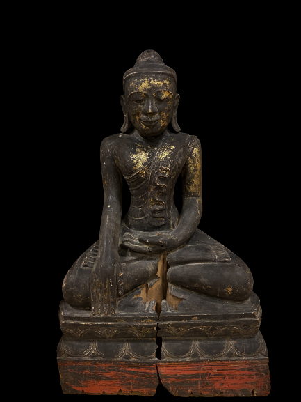 Black lacquered wood seated Buddha in Bhumisparsha on lotus base- 6125