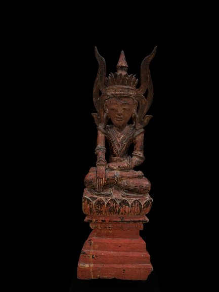 Red lacquer wood seated Crowned Buddha on pedestal- 6365