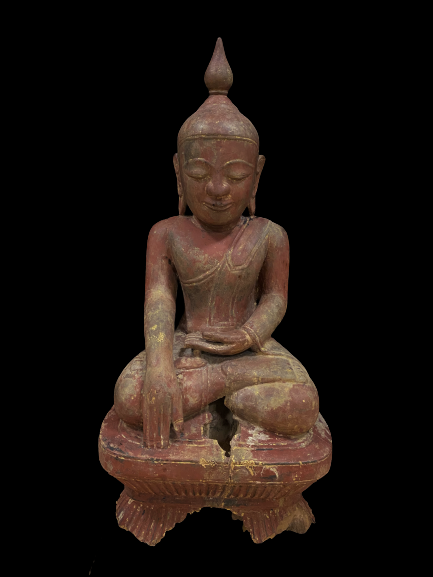 Red lacquer wood seated Buddha in Bhumisparsha mudra- 6592