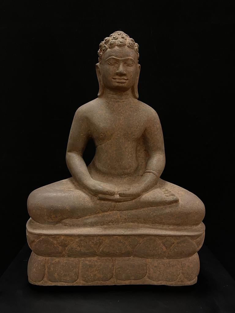 Greystone Statue of Seated Buddha on Lotus Base- 7114