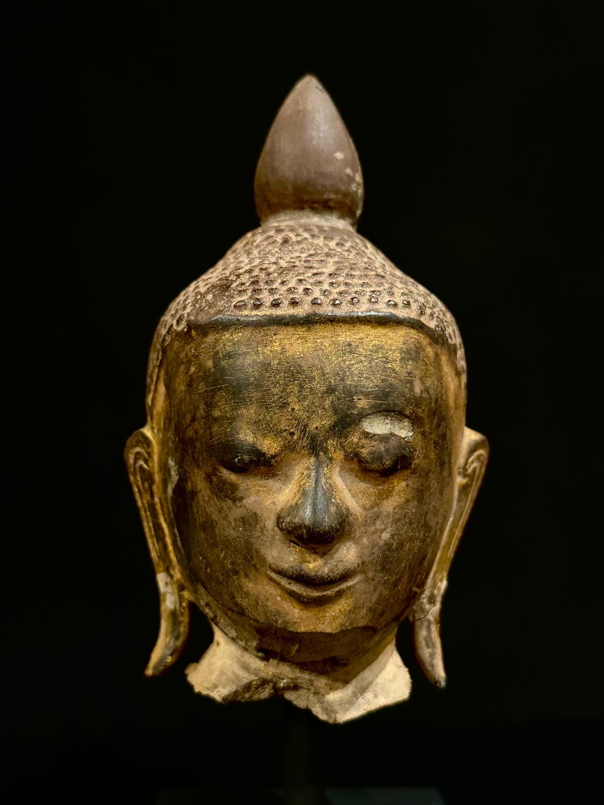 Gilt lacquered wood Buddha head on stand- 7344