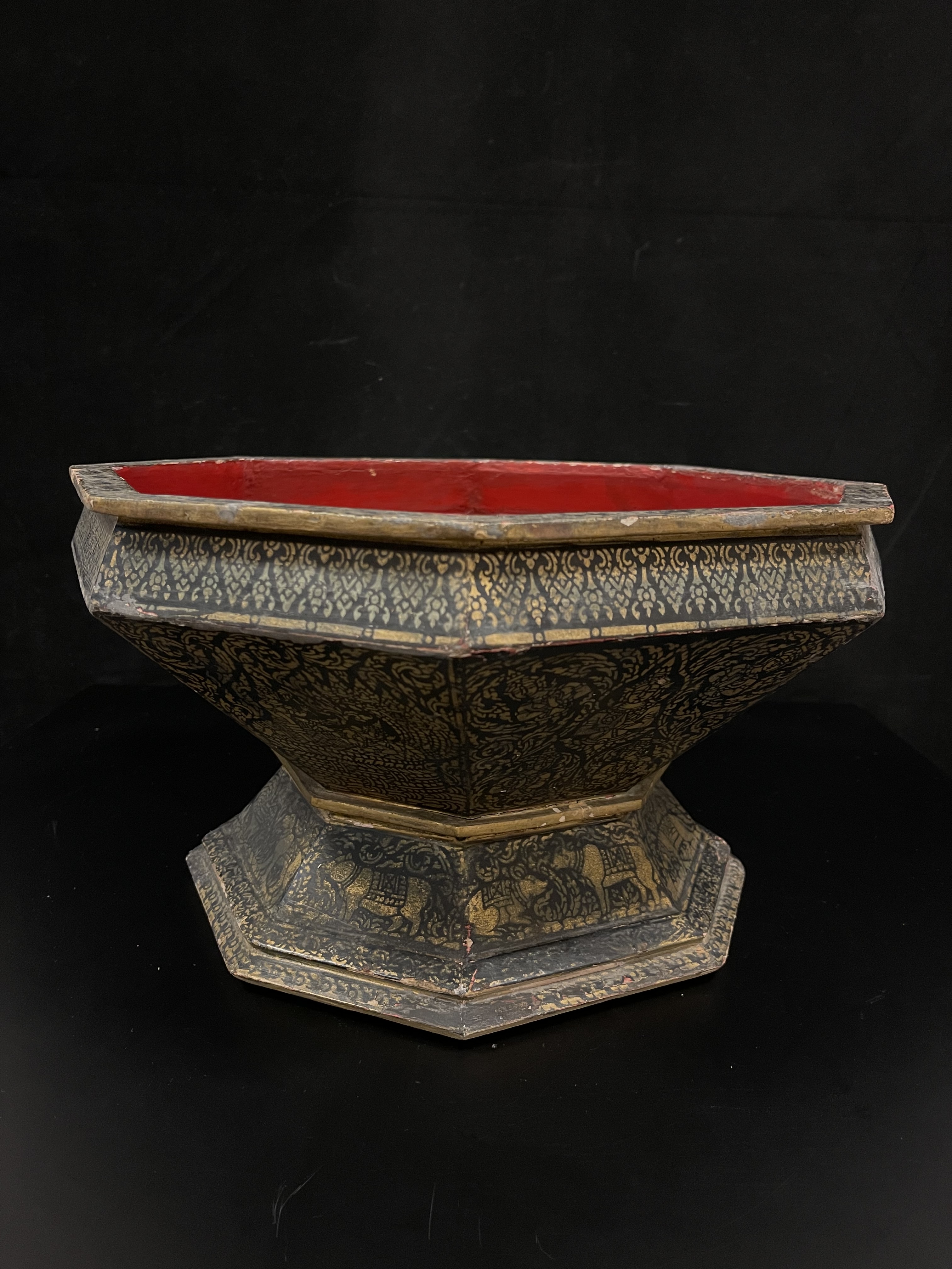 Lacquerware - Temple offerring bowl with painted Apsara and base of animals zodiac-horoscope- Ms16774