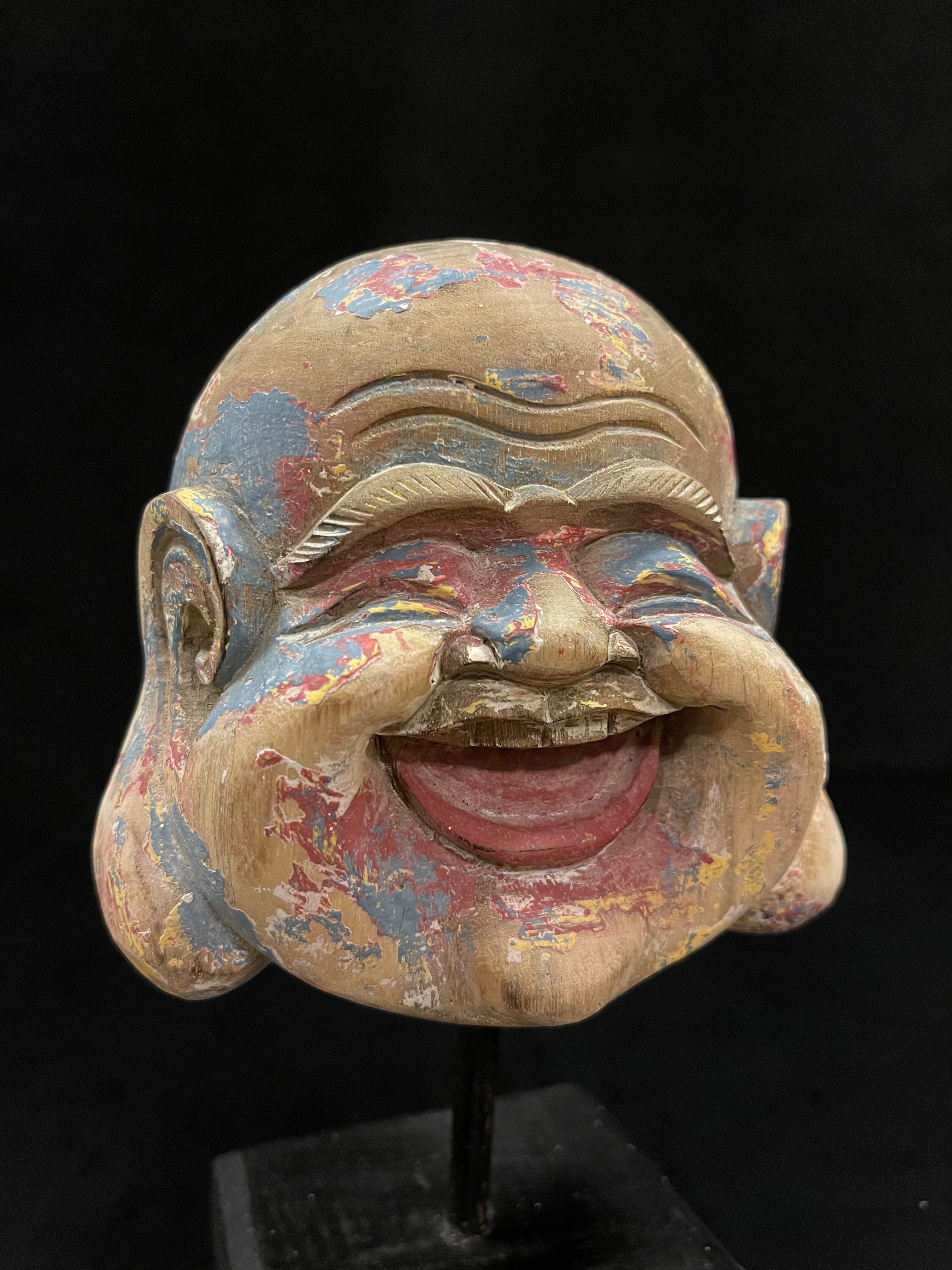 Polychrome wooden small happy Buddha head- Ms15900