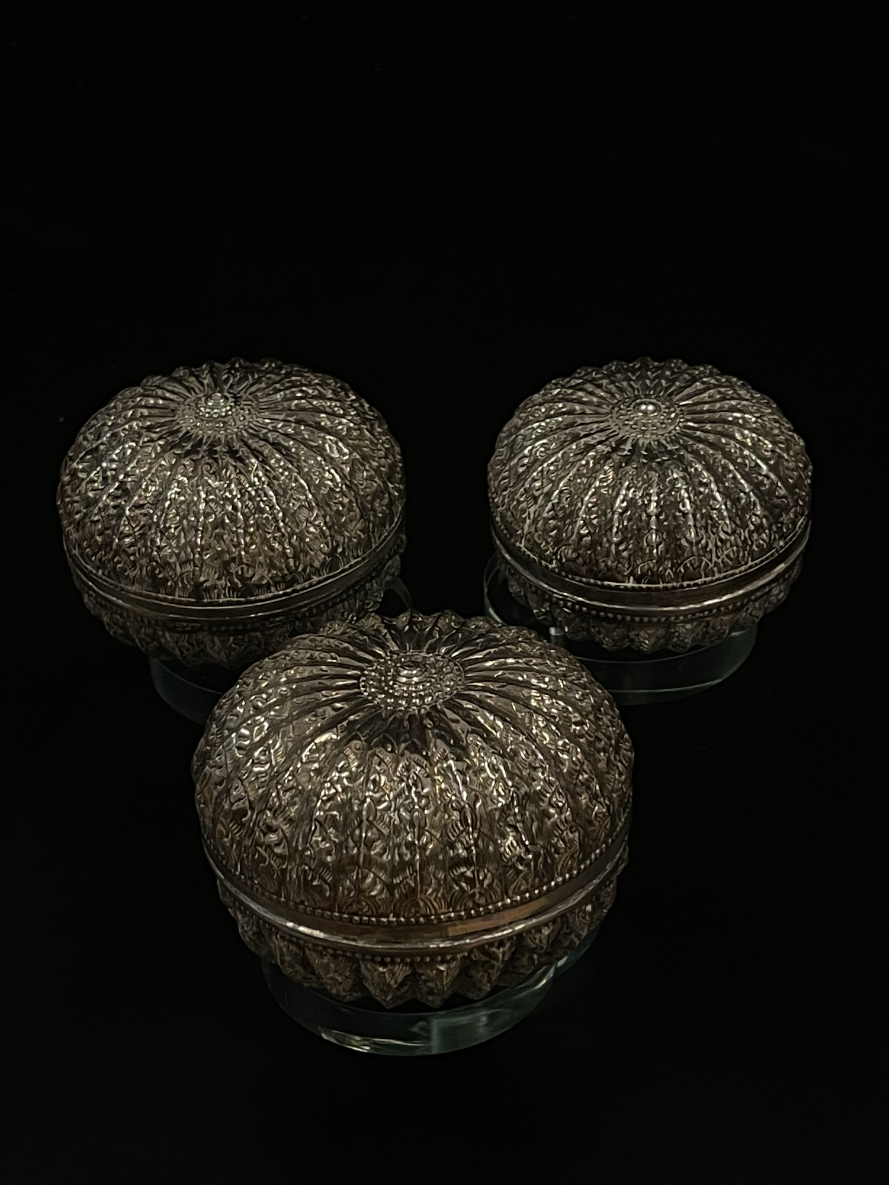 Set of old siver lime and tobaco boxes in pumpkin shape- 6547