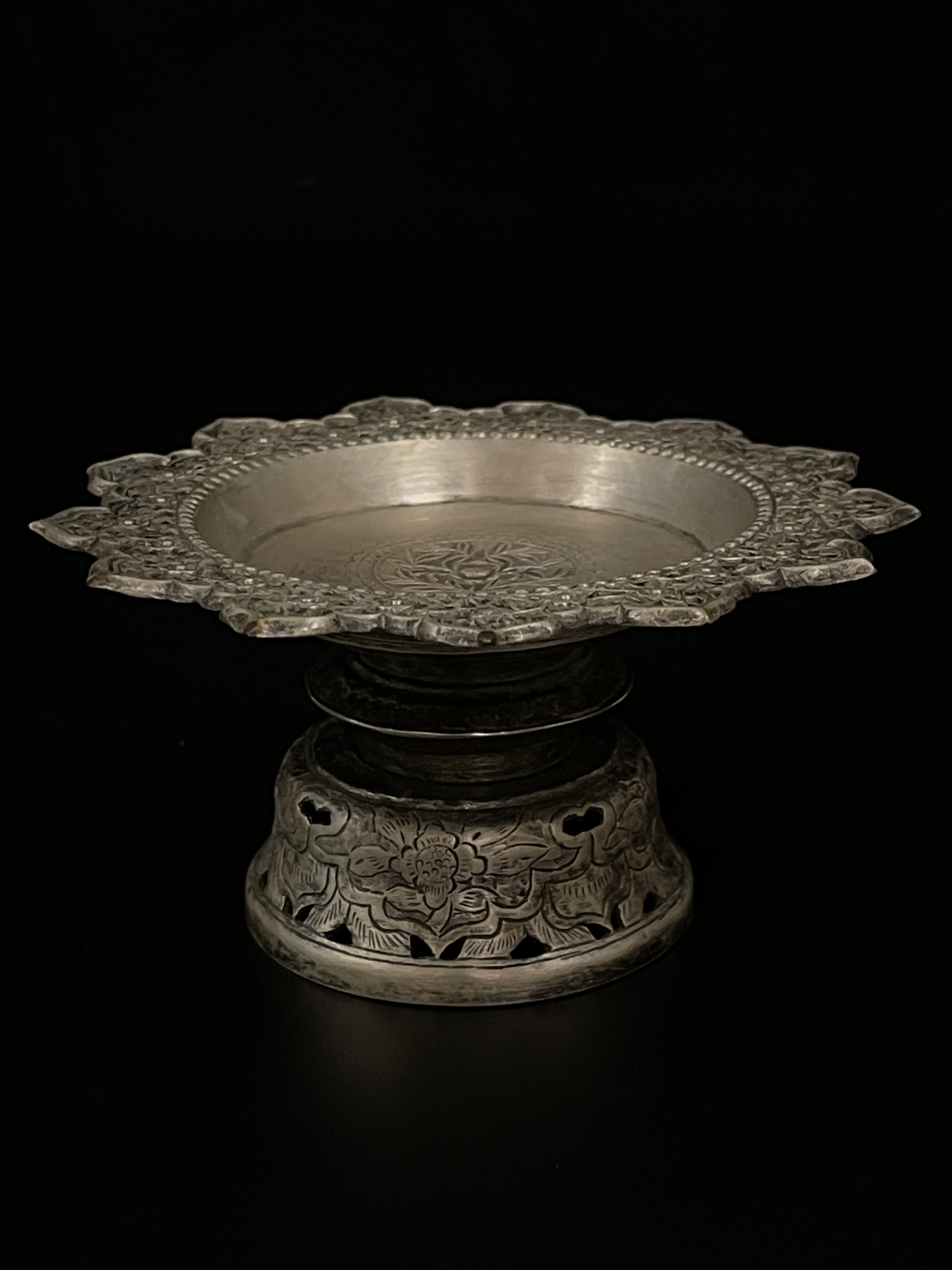 Old small pedestal silver tray lotus flower shape- 6548